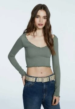 Stradivarius NAHTLOSES MIT WELLENSAUM - Langarmshirt - Khaki