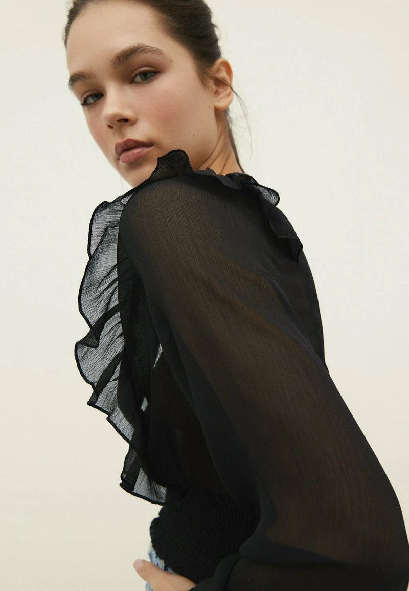 Stradivarius PLAIN RUFFLED ELASTIC - Bluse - Black 4 Stradivarius PLAIN RUFFLED ELASTIC - Bluse - Black – Bild 4