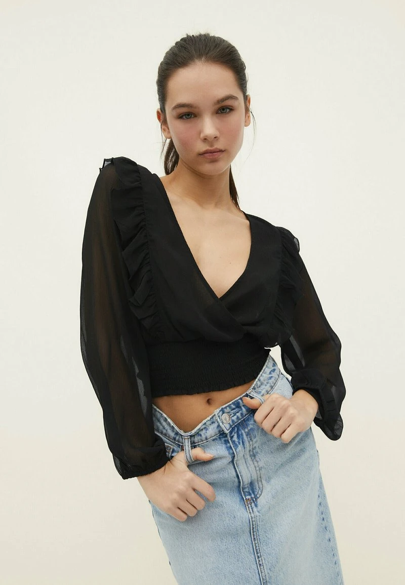 Stradivarius PLAIN RUFFLED ELASTIC - Bluse - Black 1 Stradivarius PLAIN RUFFLED ELASTIC - Bluse - Black