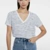 Stradivarius BASIC STRIPED V-NECK - T-Shirt Print - White