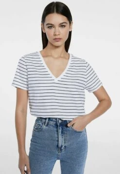 Stradivarius BASIC STRIPED V-NECK - T-Shirt Print - White